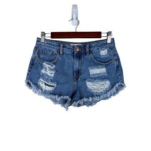 PACSUN High Rise Festival Denim Blue Jean Shorts Distressed Women's Size 26